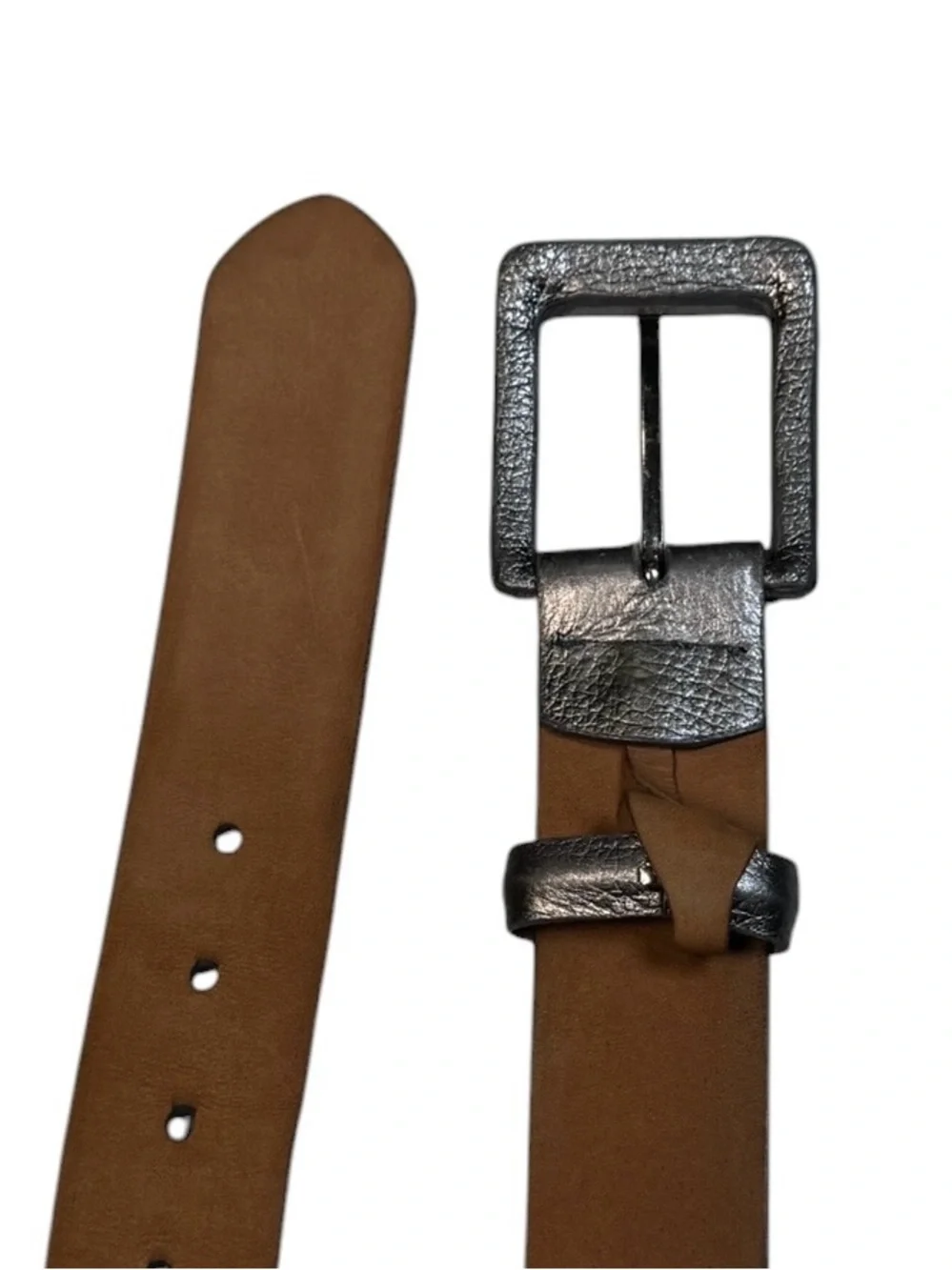W. Kleinberg Silver Metallic Leather Wide Statement Belt Rectangle Buckle USA S